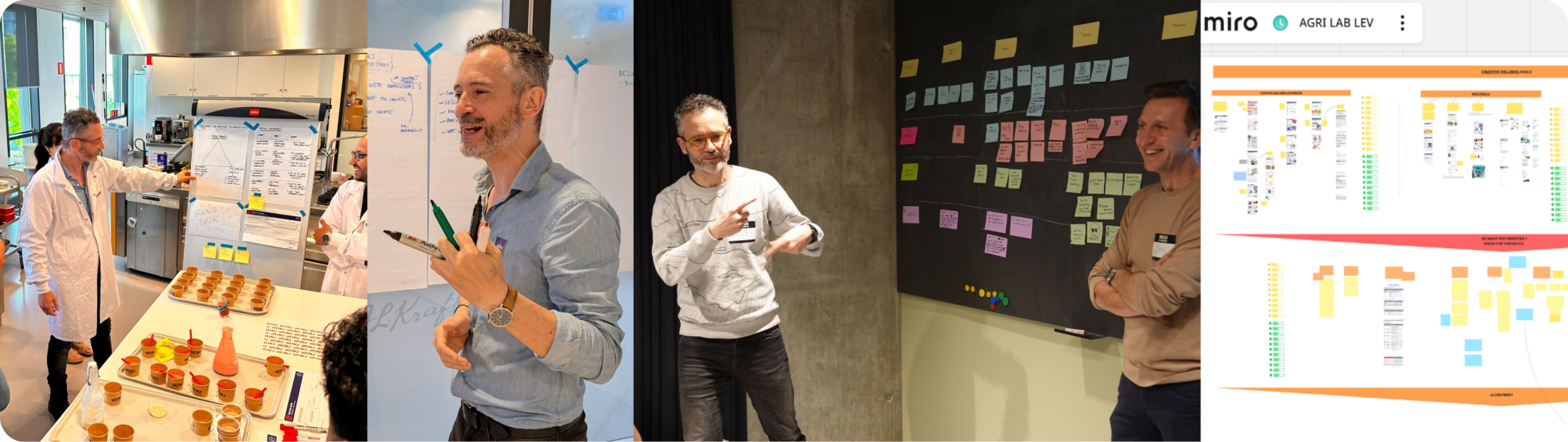 Brice Le Roy facilitating co-construction food innovation workshops — consumer tasting, workshop facilitation, an online Miro insight board, and marker-in-hand co-creation