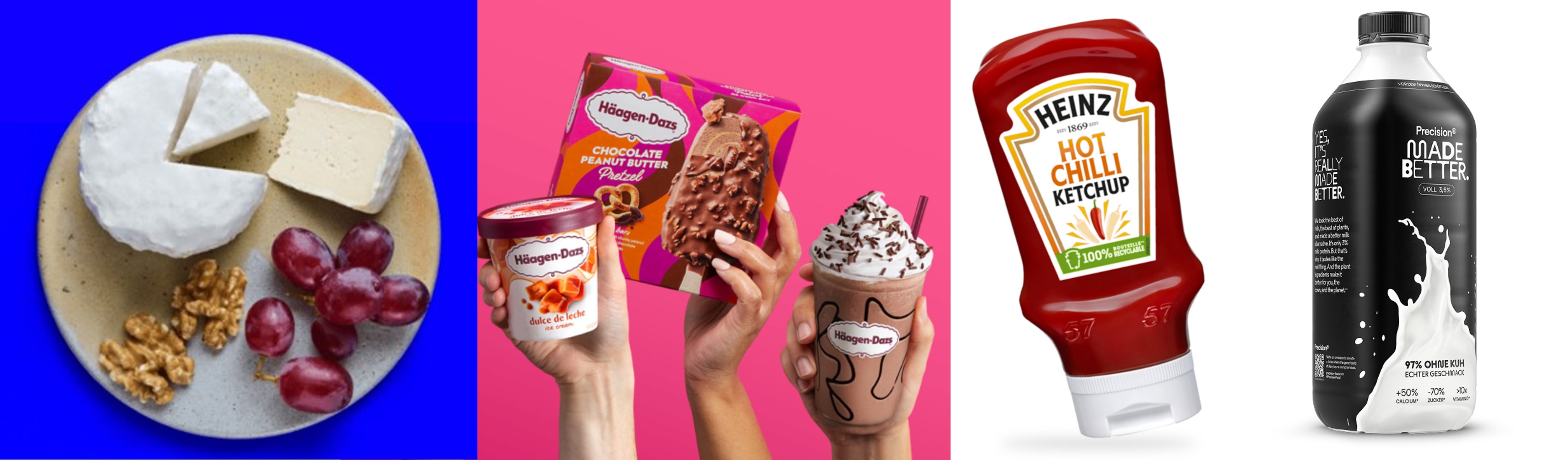 A composition of differentiated food products — a ripe Brie with grapes and walnuts, Häagen-Dazs ice cream indulgence, Heinz Hot Chilli Ketchup and Precision plant-based 'Made Better' milk — illustrating superior, differentiated food experiences that solve a real consumer problem